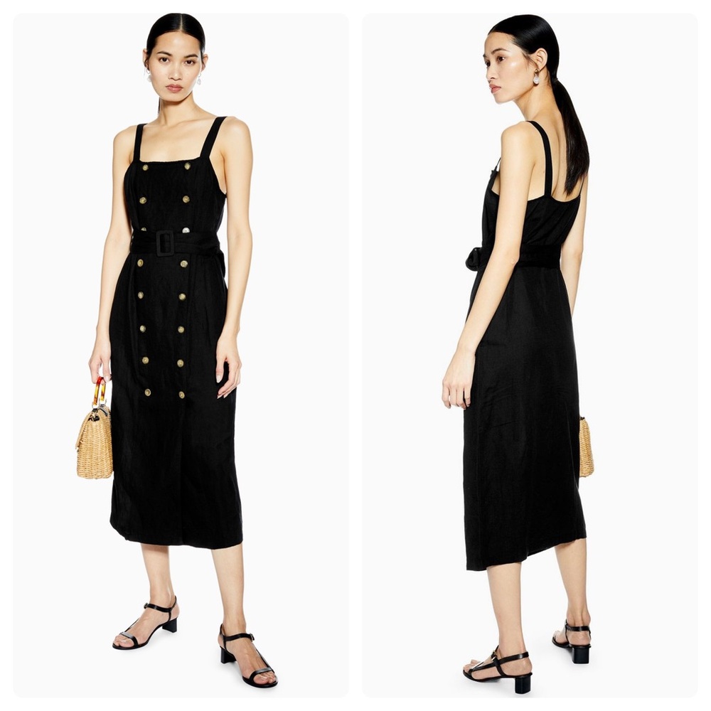 NWT Topshop Black Linen Midi Dress Button Down, 8